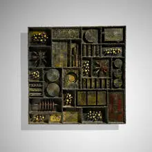 Paul Evans, Sculpture Front wall panel, 1965, welded, gilt and polychromed steel, 23 karat gold leaf