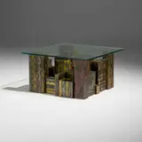 Paul Evans, Rare Skyline coffee table, 1968, welded, gilt and polychromed steel, glass