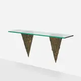 Paul Evans, Sculpted Bronze wall shelf, c. 1970, bronzed resin over steel, glass