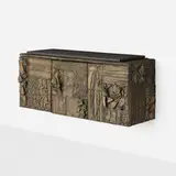 Paul Evans, Sculpted Bronze wall-hanging cabinet, 1968, bronzed resin over wood, slate, lacquered wood, felt