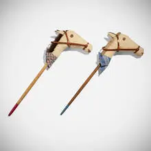 Hobby Horses, set of two by Tyler Hays, c. 2020, canvas, fur, leather, maple, teak, paint, sold Apr 2026