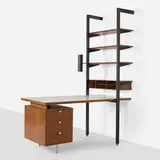 Early CSS (Comprehensive Shelving System) by George Nelson & Associates, 1959, enameled and brushed aluminum, walnut, laminate, sold Apr 2026