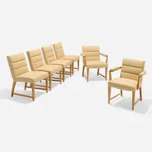 Gilbert Rohde, Dining chairs, set of six, 1939, bleached walnut, upholstery