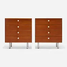 George Nelson & Associates, Thin Edge cabinets model 4701, pair, teak, matte chrome-plated steel, enameled steel