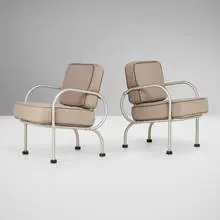 Warren McArthur, Lounge chairs for the Arizona Biltmore Hotel, pair, c. 1929, upholstered cushions, aluminum, rubber