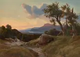 Johann Hermann Camiencke, Flusslandschaft im Abendlicht, 1847, Öl auf Leinwand