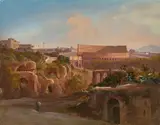 Johann Hermann Camiencke, Forum Romanum mit Kolosseum. 1840er Jahre, Öl auf Papier auf Leinwand aufgezogen