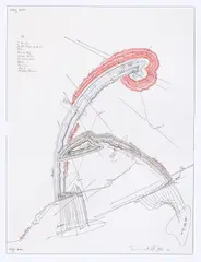 Jorinde Voigt, 2 Horizonte; Mögliche Farbe des Horizonts; Position; Himmelsrichtung; Externe Zentren; Kontinentalgrenze; Rotation; Territorien; Airport; All other Directions, 2011, Tinte, Ölkreide und Bleistift auf Papier
