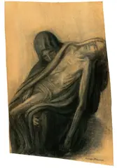 George Minne, Pieta, Um 1920, Kohle auf Holz