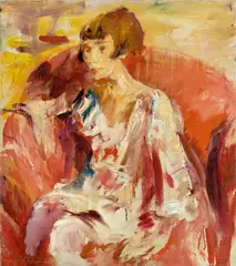 Wilhelm Kohlhoff, Dame, in rotem Sessel sitzend, Um 1924, Öl auf Leinwand
