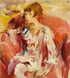 Wilhelm Kohlhoff, Dame, in rotem Sessel sitzend, Um 1924, Öl auf Leinwand