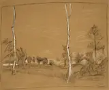 Paula Modersohn-Becker, Landschaft mit Birken, Kohle, mit weißer Kreide gehöht, auf bräunlichem, faserhaltigem Papier