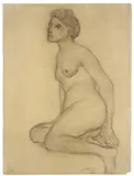 Paula Modersohn-Becker, Sitzender weiblicher Akt nach links (verso: Stehender weiblicher Akt), Um 1905, Kohle auf braunem Papier