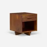 Free-Standing Pedestal nightstand by George Nakashima, 1972, Persian walnut, American black walnut, sold Jan 2026