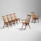 New chairs, set of six by George Nakashima, American black walnut, hickory, sold Jan 2026