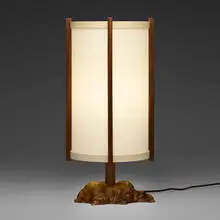 Desk lamp by Mira Nakashima, 2022, Oregon myrtle burl, American black walnut, holly, handmade washi parchment, sold Jan 2026