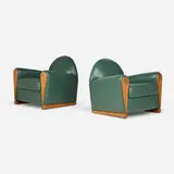 John Dunnigan, Exclamation Point club chairs, pair, c. 1985, chip-carved mahogany, leather upholstery