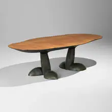 Wendell Castle, Peter Joseph dining table, 1992, ebonized mahogany, maple, madrone burl veneer, mahogany backer veneer, bronze