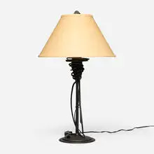 Albert Paley, Table lamp, 1993, forged and fabricated steel with a blackened finish, linen shade