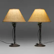 Albert Paley, Table lamps, pair, 1993, forged and fabricated steel with a blackened finish, linen shades