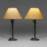Albert Paley, Table lamps, pair, 1993, forged and fabricated steel with a blackened finish, linen shades