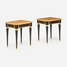 Richard Scott Newman, Occasional tables, pair, 1986, quilted maple, macassar ebony