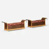 Wendy Stayman, Benches, pair, c. 1990, ebony, pear, ivorine, turquoise, sterling silver, upholstery