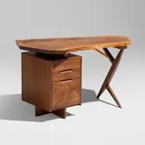 Conoid desk by George Nakashima, 1986, American black walnut, hickory, rosewood, sold Jan 2026