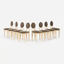 John Dunnigan, Dining chairs, set of eight, 1987, painted wood, mohair upholstery