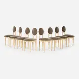 John Dunnigan, Dining chairs, set of eight, 1987, painted wood, mohair upholstery