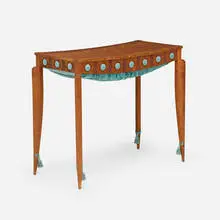 John Dunnigan, Occasional table, c. 1985, maple, satin upholstery, tassels