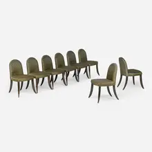 Peter Joseph dining chairs, set of eight by Wendell Castle, 1992, ebonized mahogany, poplar, upholstery, sold Jan 2026