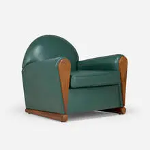 John Dunnigan, Exclamation Point club chair, c. 1985, chip-carved mahogany, leather upholstery