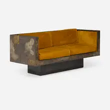 Paul Evans, Patchwork sofa, 1965, welded and enameled pewter, copper, and bronze, upholstery