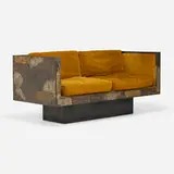 Paul Evans, Patchwork sofa, 1965, welded and enameled pewter, copper, and bronze, upholstery