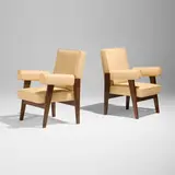 Bridge armchairs from the High Court, Chandigarh, pair by Le Corbusier and Pierre Jeanneret, c. 1955, teak, leather upholstery, sold Jan 2026