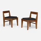 Take-down chairs from Chandigarh, pair by Pierre Jeanneret, c. 1955, teak, cane, upholstery, sold Jan 2026