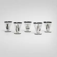 Tumblers with skyscrapers, set of five by Art Déco, c. 1935, enameled glass, sold Apr 2026