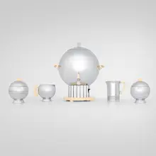 Coronet coffee service by Walter von Nessen, 1938, chrome-plated brass, Bakelite, aluminum, glass, sold Apr 2026