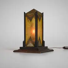 attribution Jules Bouvy, Table lamp, c. 1930, texture glass, patinated steel, copper, metal, wood