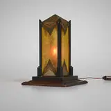 attribution Jules Bouvy, Table lamp, c. 1930, texture glass, patinated steel, copper, metal, wood