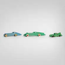 Machine Age, Toy cars, set of three, c. 1940, painted aluminum, rubber