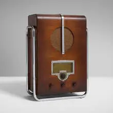 John Vassos, Floor radio, model 6T10, 1936, birch veneer, chrome-plated steel, plastic