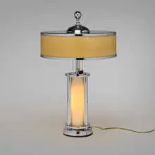 Gilbert Rohde, Table lamp, c. 1934, chrome-plated metal, opaline glass, painted parchment