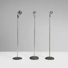 Modern, Floor microphones, set of three, c. 1945, chrome-plated metal, stainless steel, crackle-lacquered steel