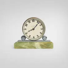 Table clock by Cunningham Products Corporation, c. 1935, chrome-plated metal, onyx, glass, sold Apr 2026