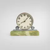 Cunningham Products Corporation, Table clock, c. 1935, chrome-plated metal, onyx, glass