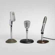 Modern, Collection of three table microphones, c. 1945-1965, chrome-plated metal, stainless steel, crackle-lacquered steel