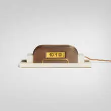 Lawson Time Inc., Table clock, model 350, c. 1933, copper, brass, marble, acrylic