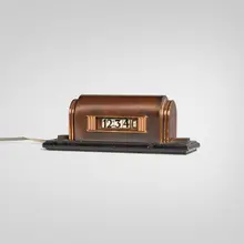 Lawson Time Inc., Table clock, model 208, c. 1933, bronze, copper, Bakelite, lacquered wood